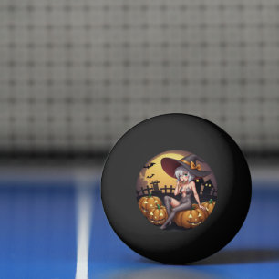 Green Eye Halloween Witch on Jack-O-Lantern's Ping Pong Ball