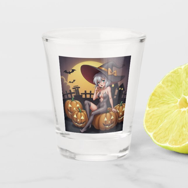 Green Eye Halloween Witch on Jack-O-Lantern's Shot Glass (Front)