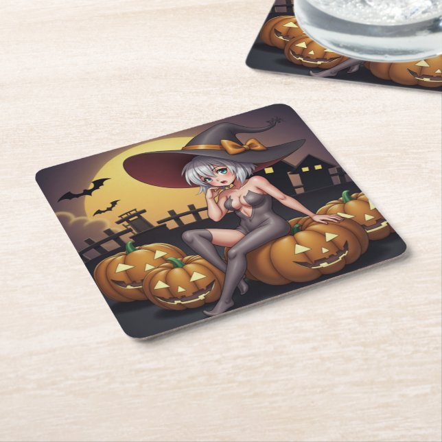 Green Eye Halloween Witch on Jack-O-Lantern's Square Paper Coaster (Angled)