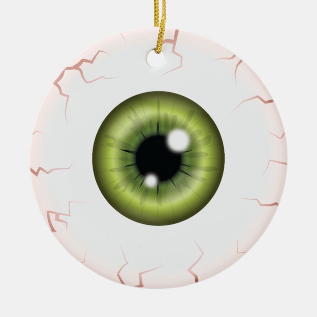 Green Eyeball With Custom Name Happy Halloween Eye Ceramic Ornament (Front)
