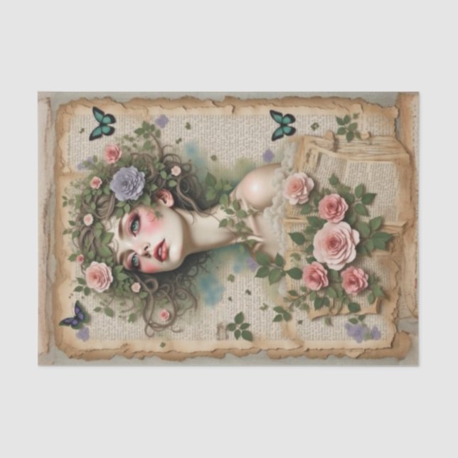 Green-Eyed Beauty with Flowers & Butterflies Tissue Paper (Front)