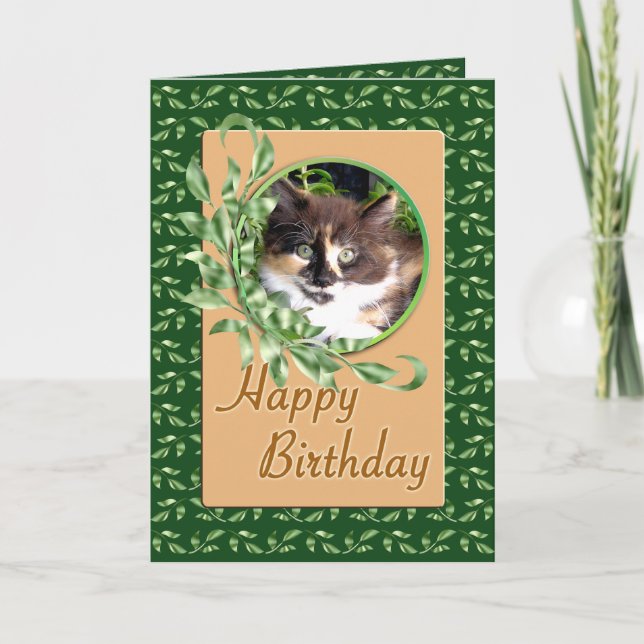 Green Eyed Calico Kitty Happy Birthday Card (Front)