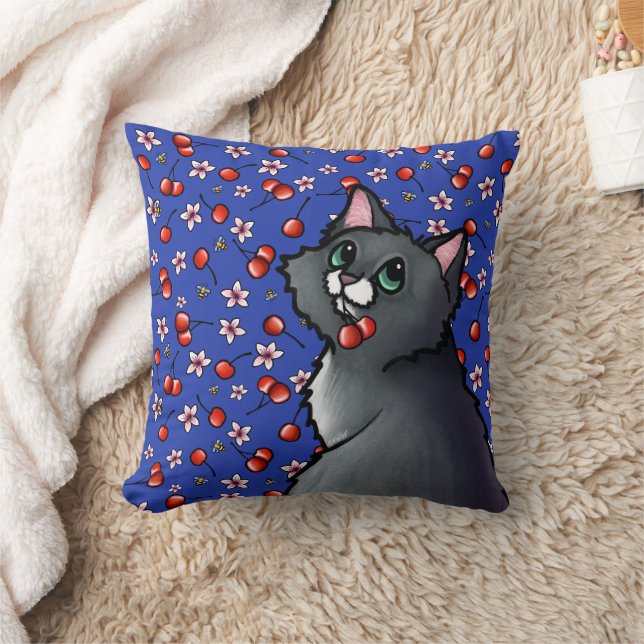 Green Eyed Cat Cherries Throw Pillow (Blanket)