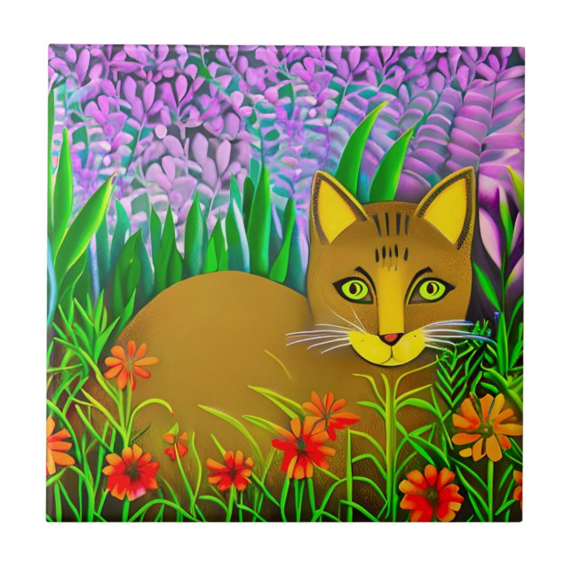 Green Eyed Cat in a Flower Garden Ceramic Tile (Front)