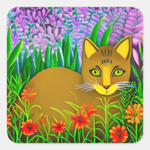 Green Eyed Cat in a Flower Garden Square Sticker