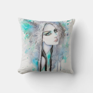 Green Eyed Ghost Abstract Fantasy Art Portrait Cushion