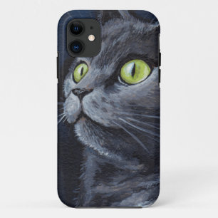 Green Eyed Grey Cat Painting iPhone 11 Case