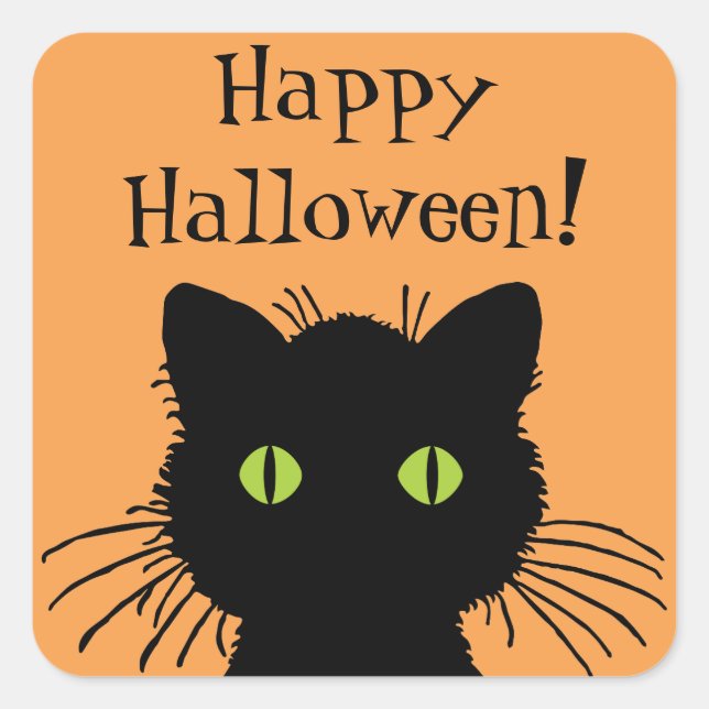 Green Eyed Halloween Black Cat Design Square Sticker (Front)