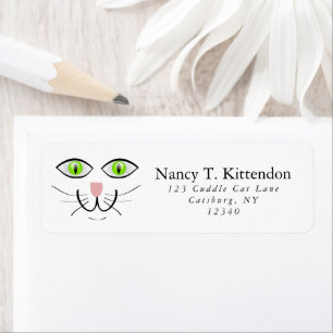 Green Eyed Happy Cat Face Drawing with Whiskers Return Address Label