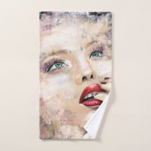 Green Eyed Pretty Woman Abstract Original Painting Bath Towel Set