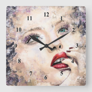Green Eyed Pretty Woman Abstract Original Painting Square Wall Clock