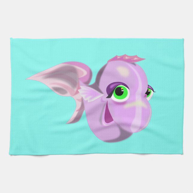 Green Eyed Purple Funny Fish Kitchen Towel (Horizontal)