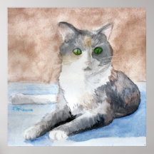 Green Eyed Tortoiseshell Grey White Cat Watercolor