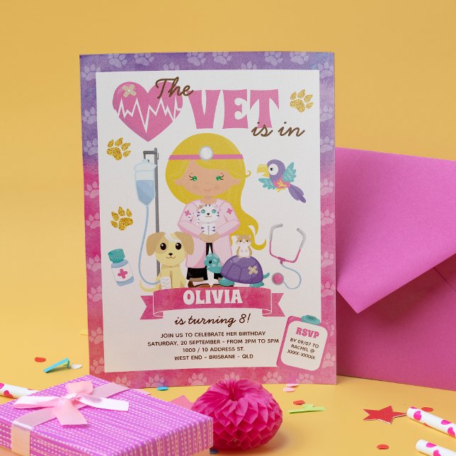 Green Eyes Blonde Girl Vet Birthday Party Invitation (The cat is definitely out of the bag on this girl’s vet birthday invitation.)