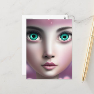 Green Eyes Face in Pink Clouds Postcard