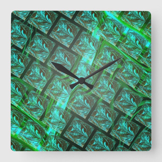 'Green eyes in grid', scratched and blurred  Square Wall Clock (Front)