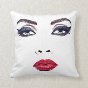 Green Eyes Red Lips Woman Face Original Makeup Art Cushion