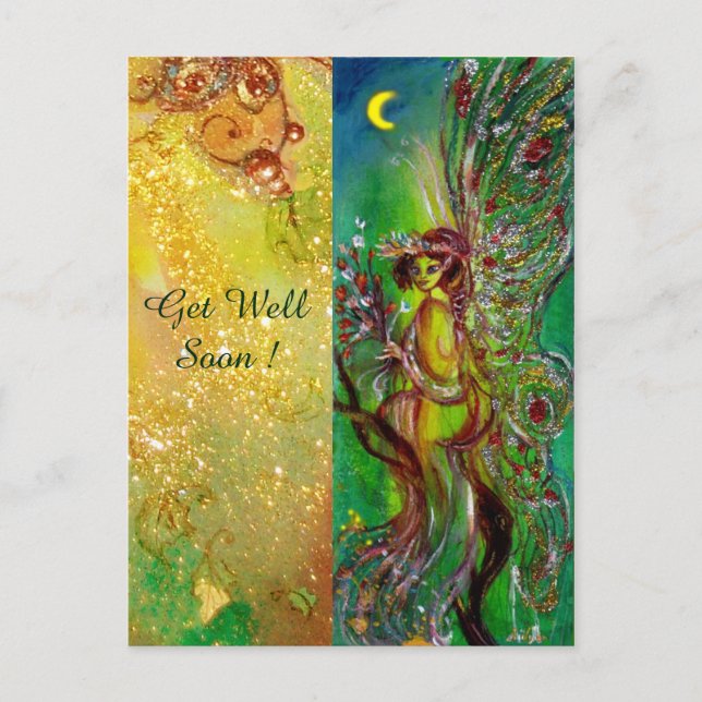GREEN FAIRY AND GOLD FLORAL SPARKLES Get Well Soon Postcard (Front)