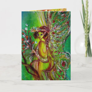 GREEN FAIRY WITH GOLD FLORAL SPARKLES IN MOONLIGHT HOLIDAY CARD