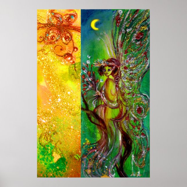 GREEN FAIRY WITH GOLD FLORAL SPARKLES IN MOONLIGHT POSTER (Front)