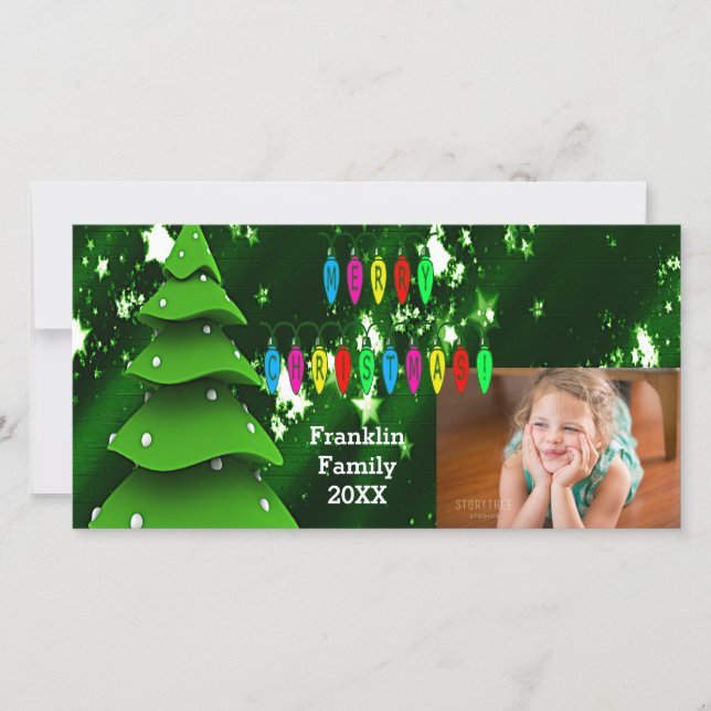 Green Fake Christmas Tree and Lights Photo Card (Front)