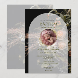 Green Fall Floral Baptism Invitation