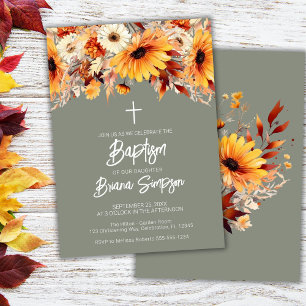 Green Fall Floral Baptism Invitation