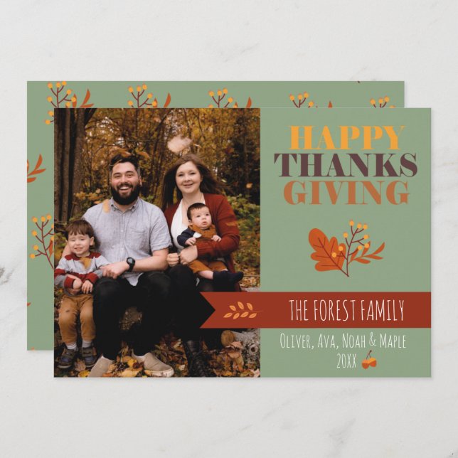 Green Fall Thanksgiving Photo Custom Holiday Card (Front/Back)