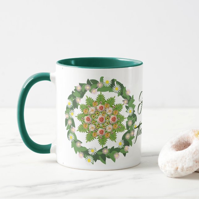 Green Fall Wreath Flora Leaves Happy Thanksgiving  Mug (With Donut)