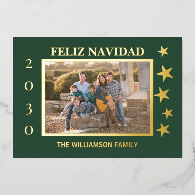 Green Family Photo Feliz Navidad Gold Foil  Foil Holiday Card (Front)