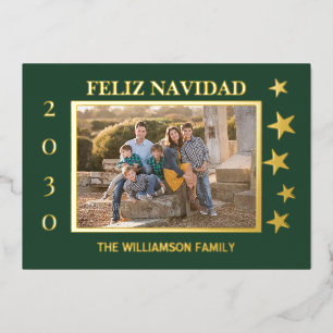 Green Family Photo Feliz Navidad Gold Foil  Holiday Card