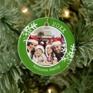 Green Family Photo Snowflake Christmas Ornament