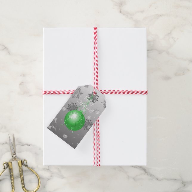 Green Fancy Christmas Ornament Gift Tag (With Twine)