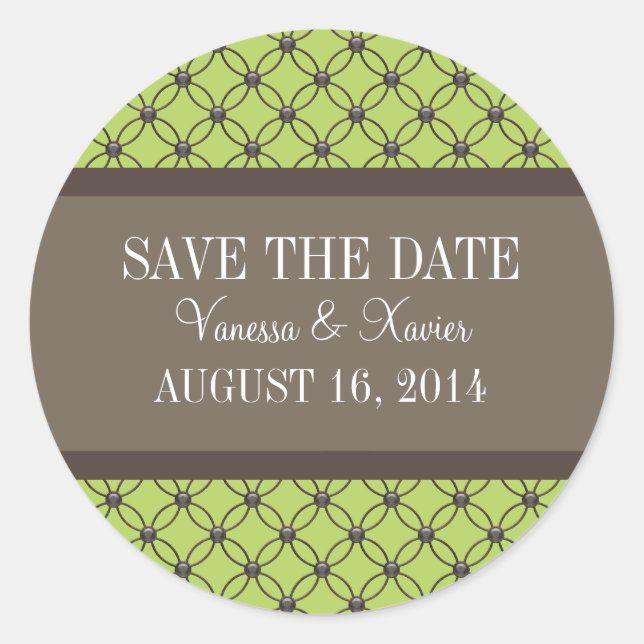 Green Fancy Lattice Save the Date Stickers (Front)