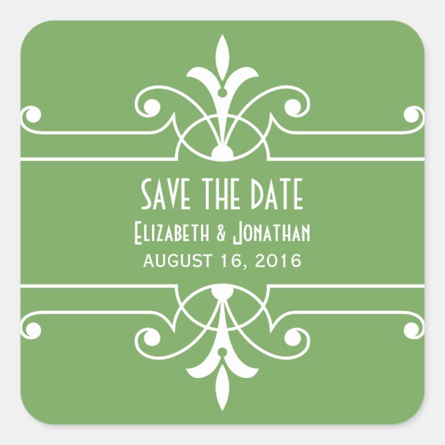 Green Fancy Ornamental Save the Date Stickers (Front)