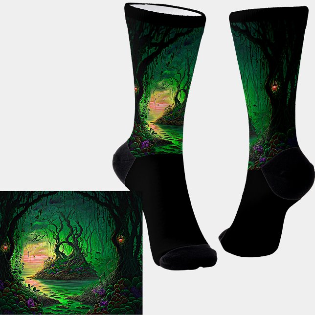 Green Fantasy Garden Scene on Black Socks (Creator Uploaded)