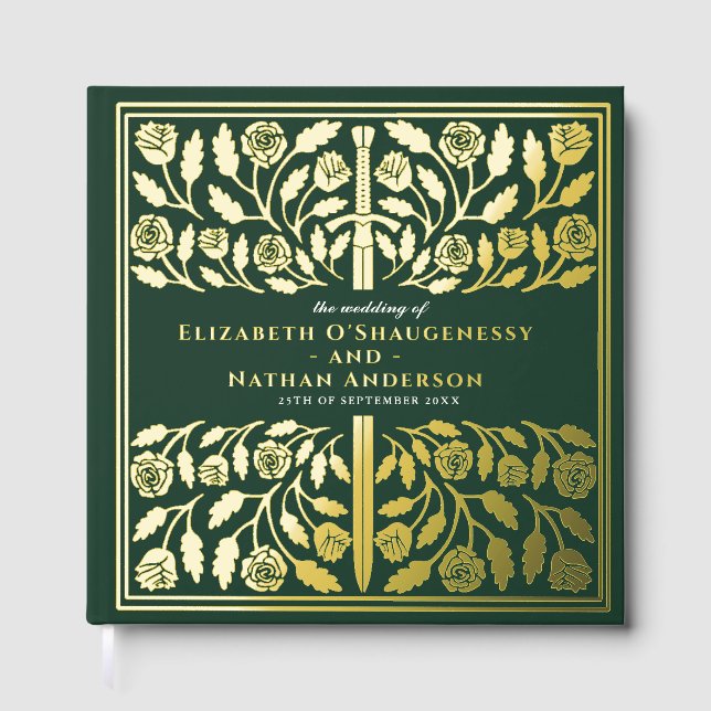 Green Fantasy Royal Mediaeval Sword Wedding Guest Book (Front)