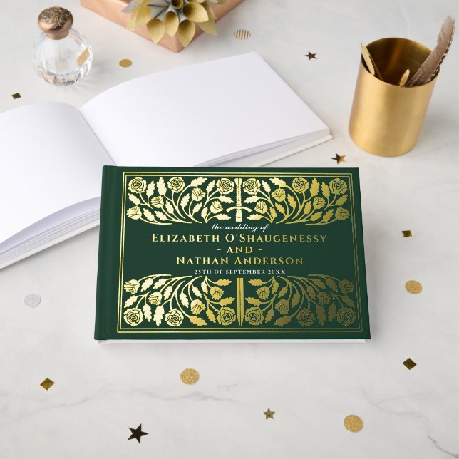 Green Fantasy Royal Mediaeval Sword Wedding Guest Book (Front Open)