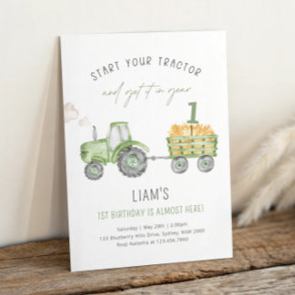 Green Farm Tractor 1st Birthday Party Invitation