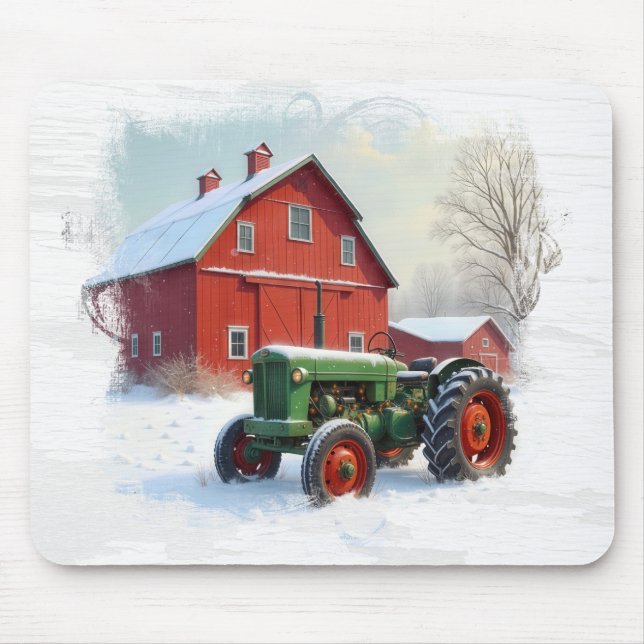 Green Farm Tractor and Red Barn Mouse Pad (Front)