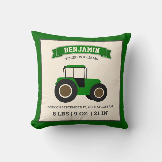 Green Farm Tractor Baby Birth Stats Cushion (Front)
