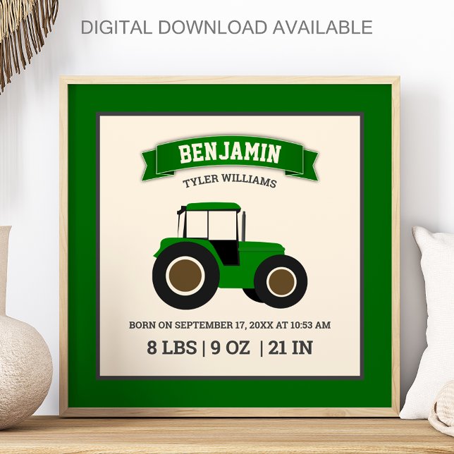 Green Farm Tractor Baby Birth Stats Poster (Creator Uploaded)