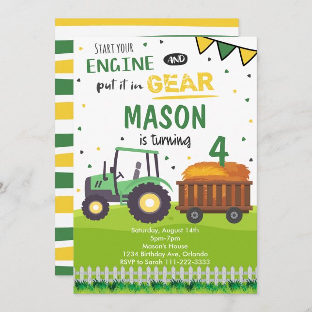 Green Farm Tractor Birthday Invitation (Front/Back)