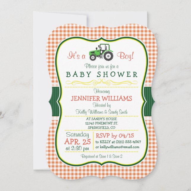 Green Farm Tractor Boy Baby Shower Invitation (Front)