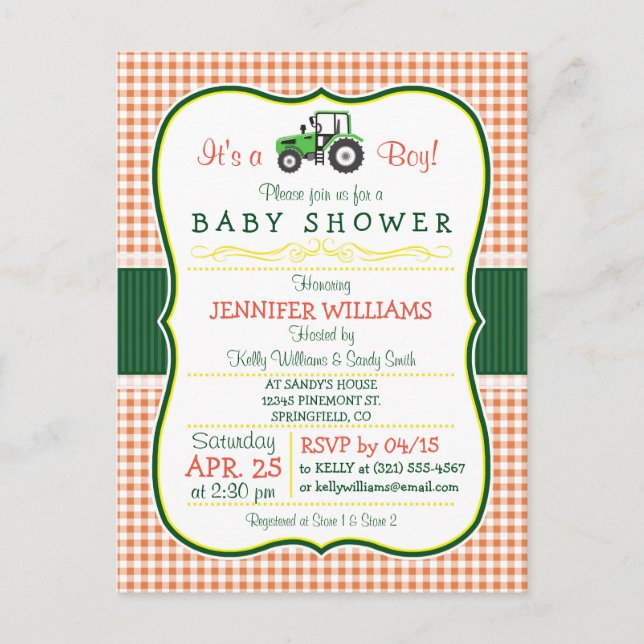Green Farm Tractor Boy Baby Shower Invitation Postcard (Front)