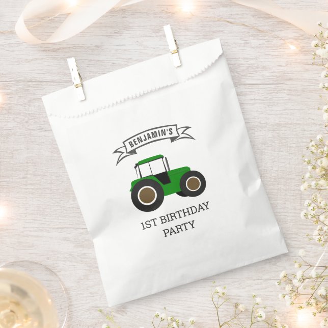 Green Farm Tractor Kids Birthday Party Favour Bag (Clipped)