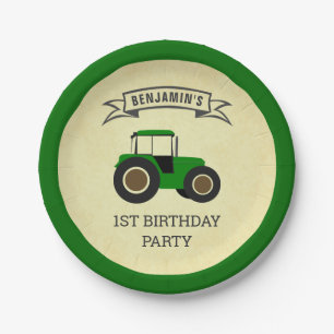 Green Farm Tractor Kids Birthday Party Paper Plate