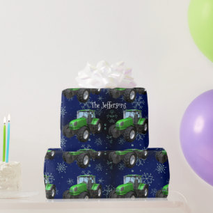 Green Farm Tractors on Blue Christmas Wrapping Paper