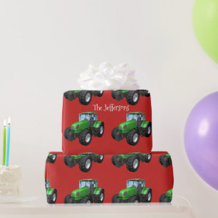 Green Farm Tractors on Red Christmas Wrapping Pape Paper