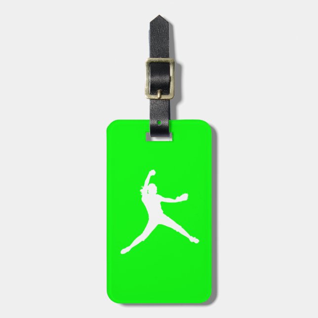Green Fastpitch Silhouette Luggage Tag (Front Vertical)